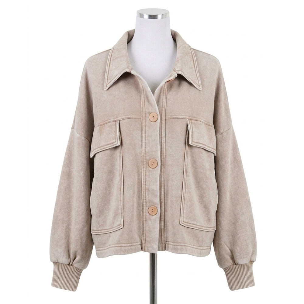 NEW ZENANA acid wash fleece cropped shacket with front pockets in ash mocha